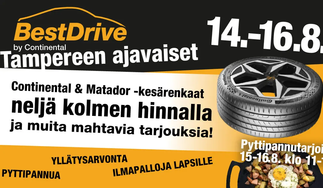 BestDrive Tampereen Ajavaiset 14.-16.8. – tarjouksia ajavalle kansalle!